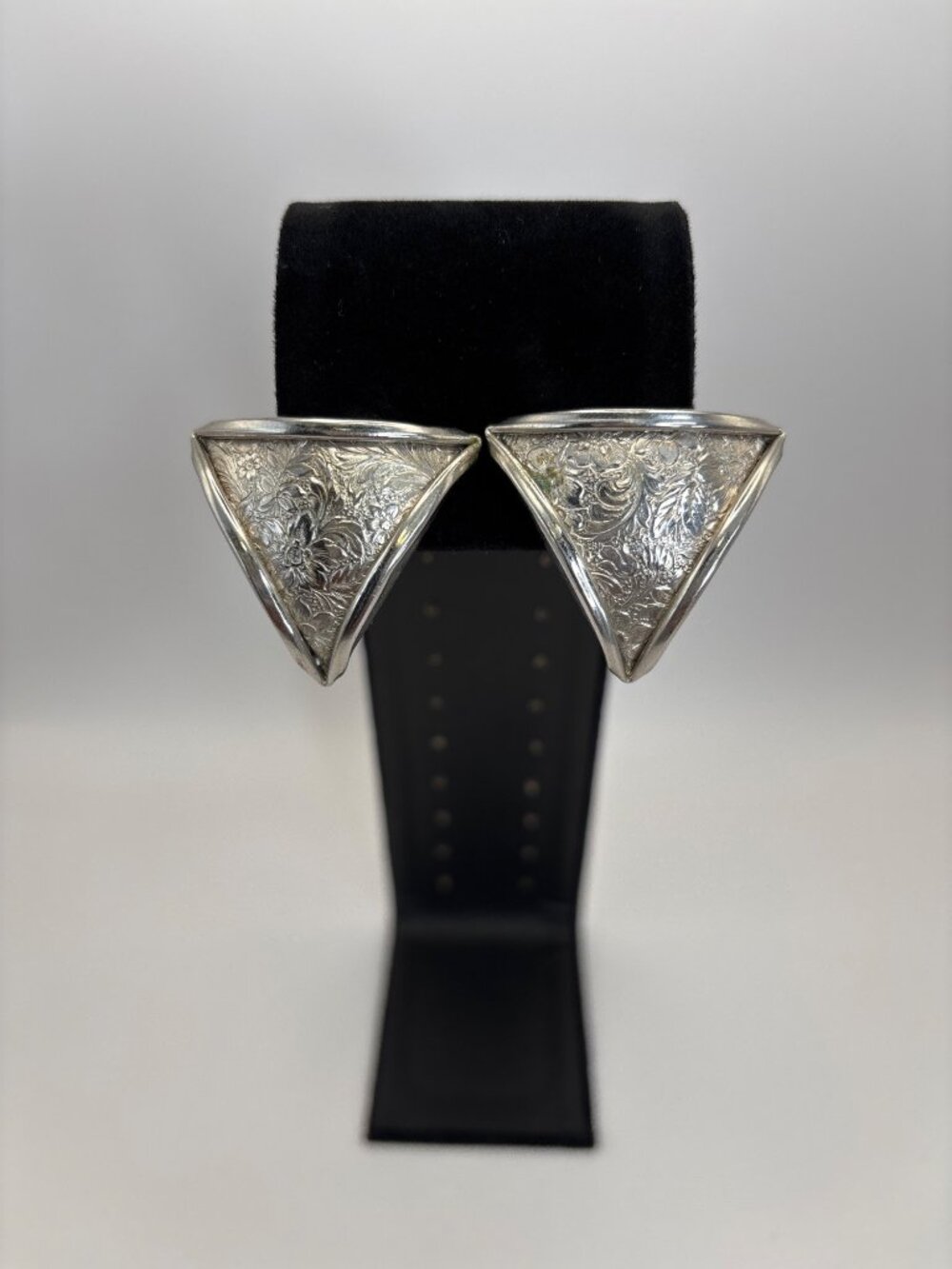 Vintage Triangular Silver Tone  Floral Etched Puffy Statement Clip On Earrings